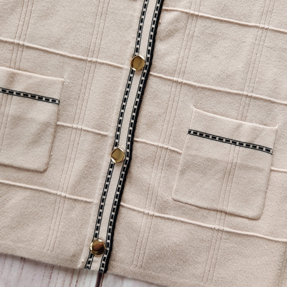 Adrianna Papell "Button Front Tipped Cardigan" Tan Black | Women's Size S - Picture 6 of 12